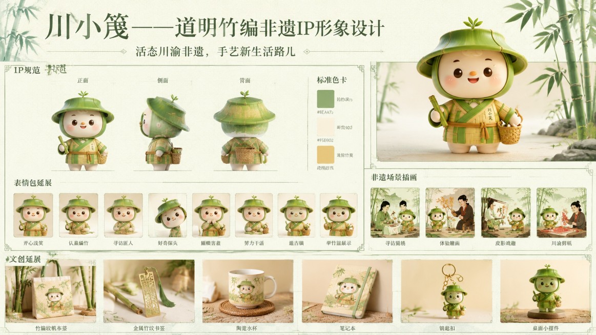 横向A3文创大赛展板，赛事主题：活路儿·川渝西南非遗，AI+平面赛道作品，IP名称川小篾，低饱和青竹国风底色，整张背景铺满淡道明竹编万字纹暗纹，细水墨浅绿分割线划分5个规整区域，排版专业印刷级300D预览效果