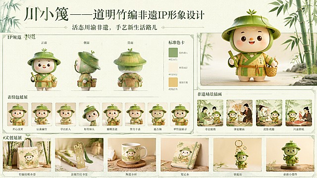 横向A3文创大赛展板，赛事主题：活路儿·川渝西南非遗，AI+平面赛道作品，IP名称川小篾，低饱和青竹国风底色，整张背景铺满淡道明竹编万字纹暗纹，细水墨浅绿分割线划分5个规整区域，排版专业印刷级300DPI；
顶部通栏标题区：大字"川小篾——道明竹编非遗IP形象设计"，小字副标题"活态川渝非遗，手艺新生活路儿"，搭配迷你竹林淡插画；
右上主视觉区：3D黏土潮玩川小篾完整全身立绘，竹筒圆脑袋，头顶正中间单根嫩竹芽，完整露出脸部无遮挡，琥珀圆眼睛、柔和浅微笑，竹编交领短褂，衣身水波纹+万字纹，腰间小竹篮，手持细竹篾，暖柔光治愈黏土质感；
左中IP规范区：横向三视图（正面、侧面、背面）清晰排版，下方8款全套表情包小图平铺排列（开心浅笑、认真编竹、寻访匠人、好奇探头、腼腆害羞、努力干活、逛古镇、举竹篮展示），每款表情包标注文字，侧边附标准色卡：青竹绿、米竹白、浅棕竹黄；
右下非遗场景插画区：4张小国风扁平插画整齐排布，分别是川小篾寻访蜀绣、糖画、皮影、川渝剪纸，柔和统一竹系色调；
底部落地文创延展区：实景效果图合集，竹编纹帆布袋、金属竹纹书签、陶瓷水杯、笔记本、钥匙扣、桌面小摆件，模拟线下工坊量产实物；
整体画面干净留白充足，文字字体国风纤细宋体，无杂乱多余元素，高清细腻，高校非遗设计大赛标准展板，柔和低饱和配色，适合打印参赛。