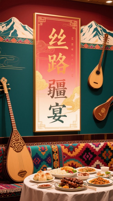 帮我生成图片：丝路疆宴，生成一竖版的打卡背景，要新疆风格的，餐饮店里面安装的软膜灯箱，用来打卡使用，竖版预览效果