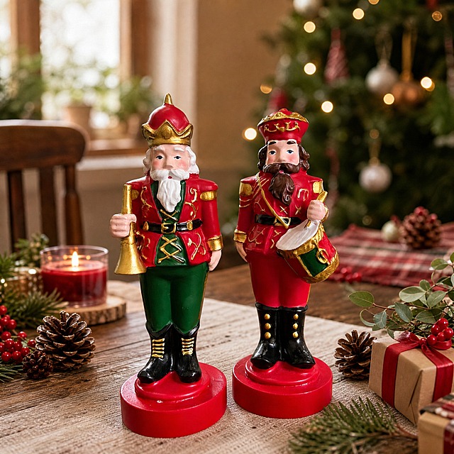 Festive Christmas dining tabletop scene, two nutcracker band resin statues placed on a wooden farmhouse dining table, surrounded by pine cones, red berries, small gift boxes, and a small Christmas candle. Soft natural window light from the side, farmhouse home style, blurred Christmas tree with warm lights in the background, sharp focus on the figurines. The two nutcracker figurines must retain their exact appearance, colors, proportions and resin material from the reference image: left one with white beard, red and green uniform, golden crown hat, holding golden trumpet; right one with brown beard, all red uniform, red hat with gold trim, holding red-green drum. High resolution, warm cozy holiday atmosphere, realistic product photography, e-commerce gift presentation. 1:1 square composition, no text, no watermark, no logo.