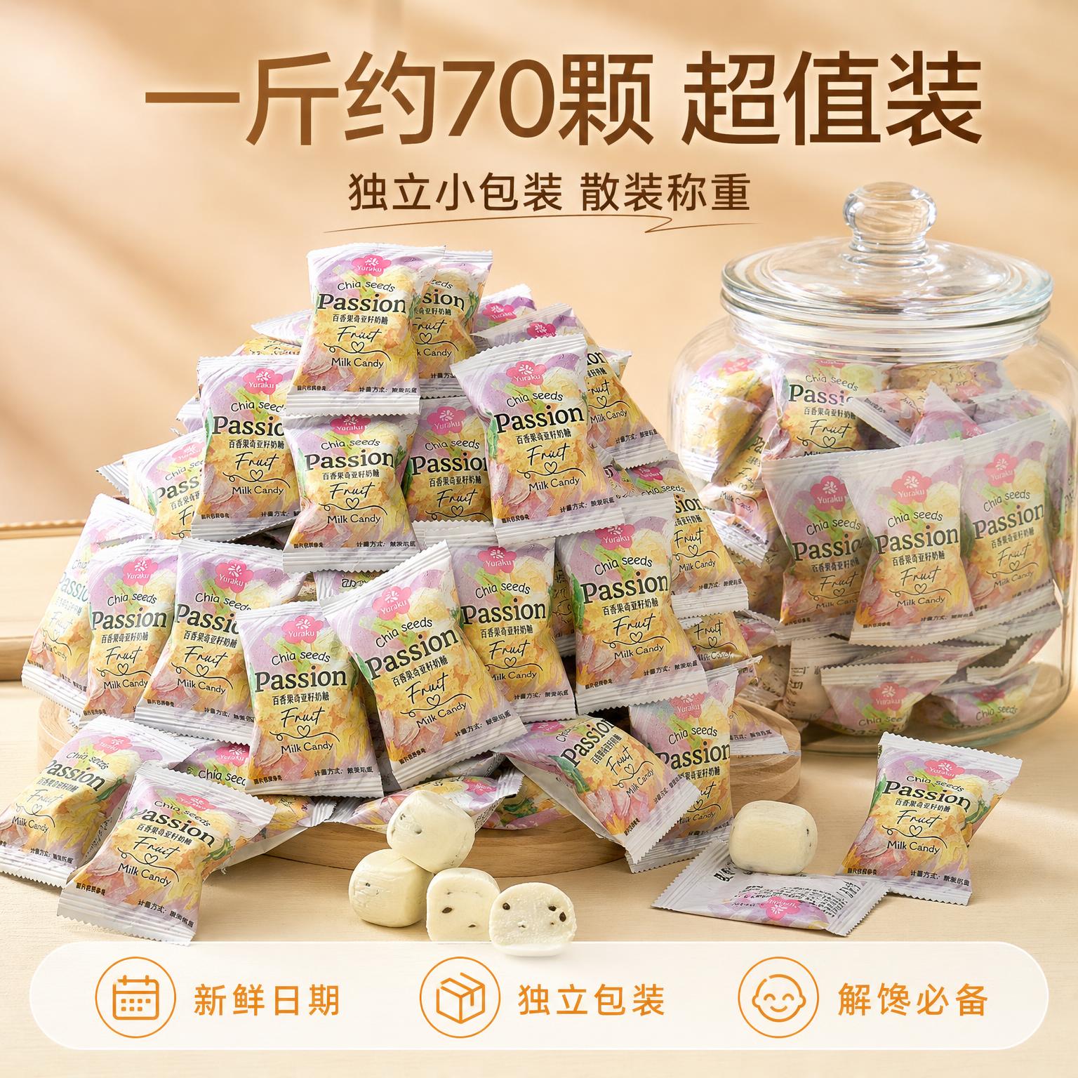 电商主图规格与服务图，奇亚籽百香果奶糖全家福展示。浅米色温暖背… - 图片创意预览