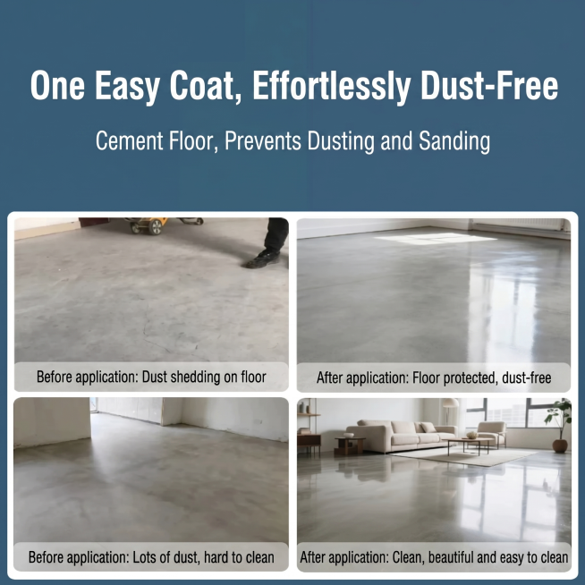 参考原图布局和画面，将所有中文替换为英文翻译：大标题 One Easy Coat, Effortlessly Dust-Free，副标题 Cement Floor, Prevents Dusting预览效果