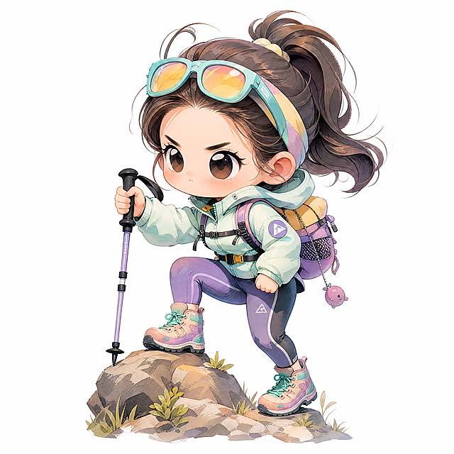 一头身Q版比例泡泡玛特风格年轻女性正在爬山，手绘卡通风格，抽象简约，头大身小超萌比例，潮流运动穿搭，身穿户外速干衣和运动leggings，脚穿登山鞋，背小型登山包，手持登山杖，爬山攀登姿势，表情坚定可爱，白色背景，人物比例统一协调，手绘卡通风格，矢量感，色彩丰富马卡龙色系，细节丰富，明显的手绘笔触感，全身像，popmart风格盲盒手办感
