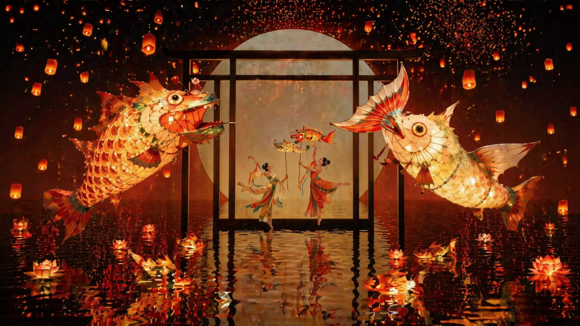 将image1（孔明灯）作为背景融入到image2中，适当调暗背景亮度作为氛围点缀，在水面添加鱼灯和孔明灯的倒影，保证光影和谐，重点突出画面中的两盏鱼灯预览效果
