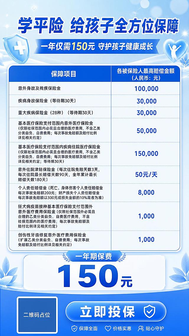 一张专业温馨的学平险保险海报，竖版9:16比例，蓝白主色调，金融保险风格，干净可信。画面顶部是大标题"学平险 给孩子全方位保障"，副标题"一年仅需150元 守护孩子健康成长"。中部是清晰的保障项目表格，两列布局：左侧为保障项目名称，右侧为各被保险人最高赔偿金额（人民币：元）。表格内容精确如下：
"意外身故及残疾保险金" —— "100,000"
"疾病身故保险金（等待期30天）" —— "30,000"
"重大疾病保险金（28种）（等待期30天）" —— "30,000"
"基本医疗保险支付范围内意外医疗保险金（仅限社保范围内必需且合理的医疗费用，不含乙类分类自负、自费费用；每次事故免赔额及赔付比例详见相关约定）" —— "50,000"
"基本医疗保险支付范围内疾病住院医疗保险金（仅限社保范围内必需且合理的医疗费用，不含乙类分类自负、自费费用；每次事故免赔额及赔付比例详见相关约定；等待期30天）" —— "150,000"
"意外住院津贴保险金（每次住院免赔天数3天，每次住院最长赔偿天数90天，全年累计最长赔偿天数180天）" —— "50元/天"
"个人责任赔偿金（死亡、身体伤害个人责任赔偿金每次事故免赔额200元；财产损失个人责任赔偿金每次事故免赔额以300元或损失金额的10%高者为准）" —— "8,000"
"狂犬病疫苗接种基本医疗保险支付范围外意外医疗费用保险金（仅限社保范围外必需且合理的乙类分类自负、自费医疗费用，不含社保范围内的医疗费用；每次事故免赔额及赔付比例详见相关约定）" —— "1,000"
"创伤性牙齿修复意外医疗费用保险金（扩展乙类分类自负、自费费用；每次事故免赔额及赔付比例详见相关约定）" —— "1,000"
表格底部突出显示"一年期保费"和"150元"，150元用大号加粗蓝色字体。画面底部有一个纯色方块二维码占位符，方块中央标注"二维码占位"文字，旁边有"立即投保"按钮。背景使用浅蓝色渐变，点缀柔和的光斑和盾牌、爱心等保险象征元素。整体版式精美，信息层级分明，所有文字清晰可读，表格用细分割线区分行项，蓝色表头。画面中所有数字必须精确渲染，不得错位、遗漏或编造。画面中所有信息区域、表格、权益列表必须填充完整合理的内容，不得出现空白框、空白占位、空列表项、空单元格。