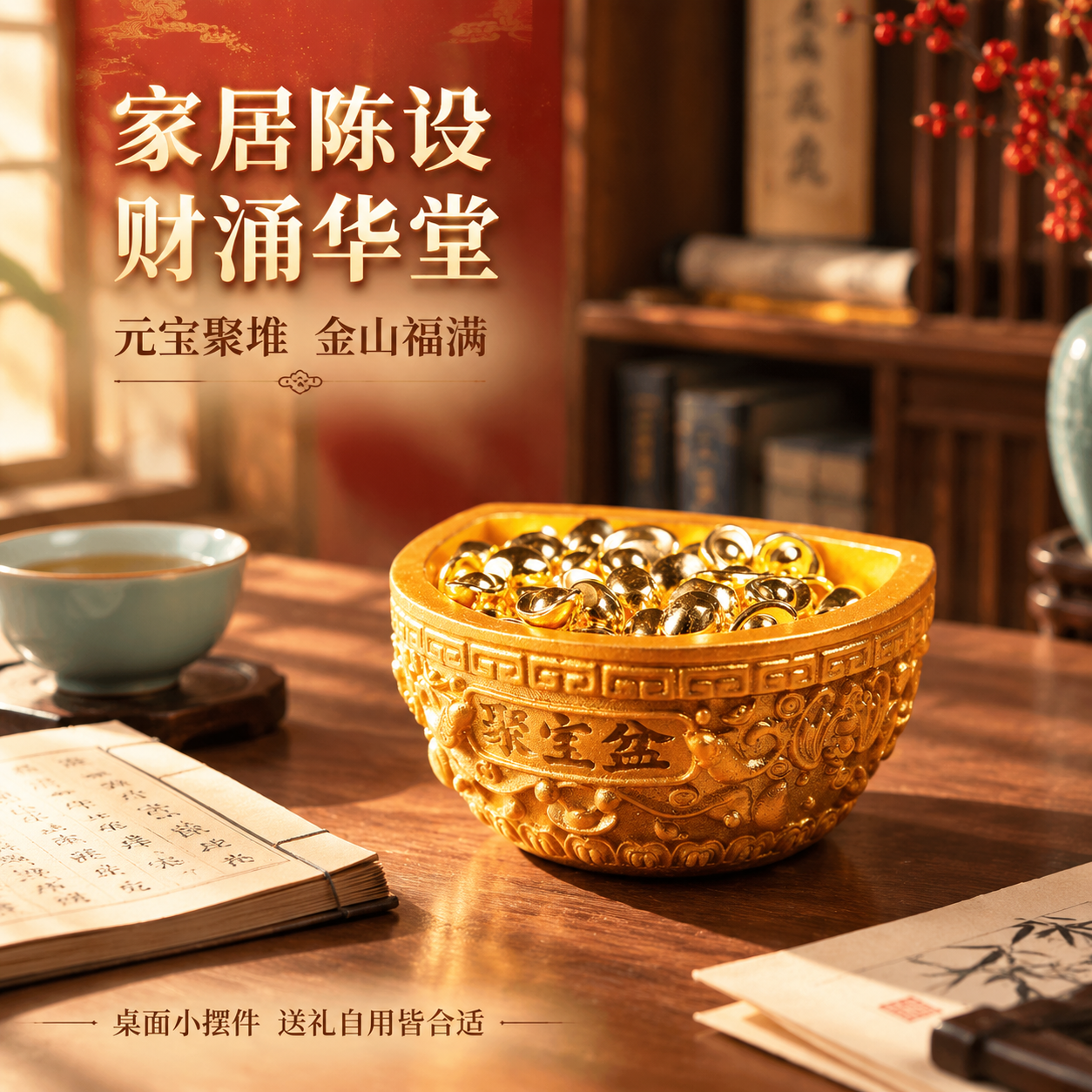 [主图-4 元宝款] 家居场景陈列图，展示作为桌面小摆件的装饰… - 图片创意预览