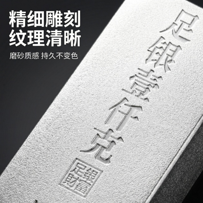 [主图 3] 细节纹理展示，突出雕刻工艺
[氛围/风格] 微距特写，极致质感，高级精品感。
[画面元素] 银条表面雕刻文字纹理微距放大展示，清晰凸显磨砂质感和雕刻细节，背景虚化突出纹理细节，保持产品纹预览效果