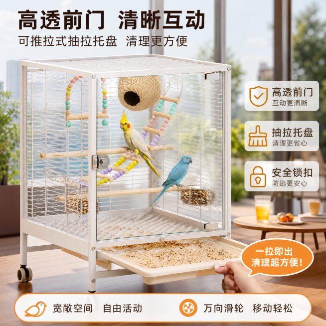 高透前门玻璃鸟笼，特写展示可推拉式抽拉托盘，突出清理方便的卖点，户外露台休闲背景，适配抖音电商主图预览效果
