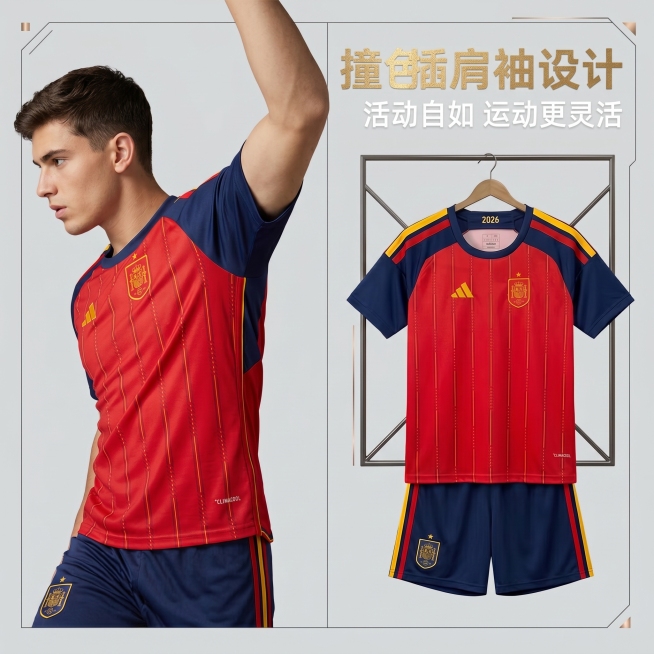严格还原上传产品图细节，包括颜色、LOGO位置、文字内容、图案元素，产品为2026美加墨世界杯西班牙国家队主场足球服套装（上衣+短裤），尺寸比例1:1。视觉风格简约轻奢，细质轻奢风+哑光质感风+极简几预览效果