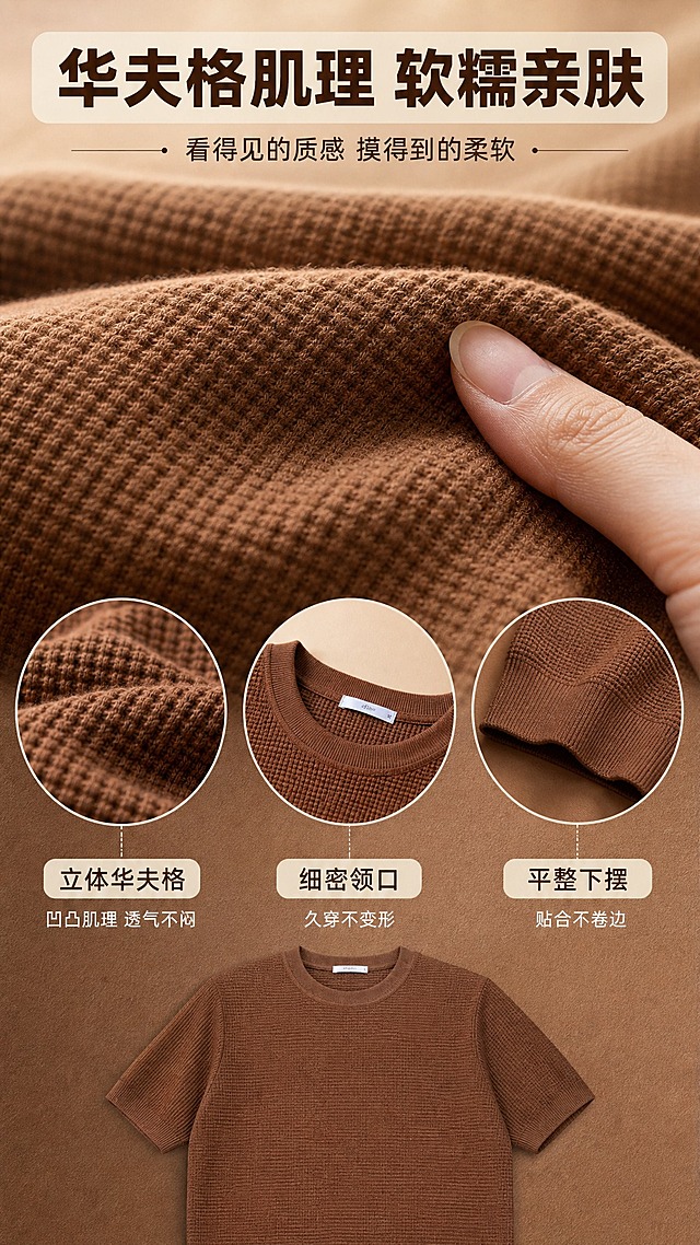 [商品] 使用【图1】焦糖棕华夫格针织圆领短袖T恤；商品处理：保留圆领、正肩短袖、华夫格针织纹理、焦糖棕颜色、下摆罗纹收边和整体版型；自然去除衣身杂乱褶皱，理顺垂坠，增强华夫格织纹肌理感、缝线和罗纹边质感，不改变版型和结构。重点放大华夫格织纹细节。
[画面] 目标：面料细节页，突出华夫格肌理质感与亲肤触感。构图：上方为T恤面料的微距特写（华夫格凹凸纹理清晰可见），占画面约50%；下方分布3个小圆形细节框，分别展示领口缝线、袖口罗纹、下摆收边；背景为暖棕调细腻织物质感。一只手轻触面料增加真实触感联想。
[视觉] 套系策略：风格=轻熟通勤高级商业摄影；标题字=现代简约无衬线粗体；正文字=纤细无衬线体；主色=焦糖棕；背景延展=基于焦糖棕做米杏-暖棕-深咖的同色系深浅层级、细腻纸张/织物质感渐变；强调色=奶白色，仅用于小面积标签、引线和标题底衬；标题色=深咖棕；正文色=暖灰棕；组件=圆角浅底信息卡、细线引线、小标签；光影=顶部暖柔侧光，突出织纹立体感。
[文字] 顶部主标题「华夫格肌理 软糯亲肤」（8字），副标题「看得见的质感 摸得到的柔软」；下方3个细节框配短文字：「立体华夫格」（凹凸肌理 透气不闷）、「细密领口」（久穿不变形）、「平整下摆」（贴合不卷边）。所有文字横向排版，字号保证手机端清晰可读。
[规格] 图片比例9:16竖版，2K分辨率，避免变形、错字、文字过小、冷蓝背景、衣服颜色改变、版型失真、绝对化用语。