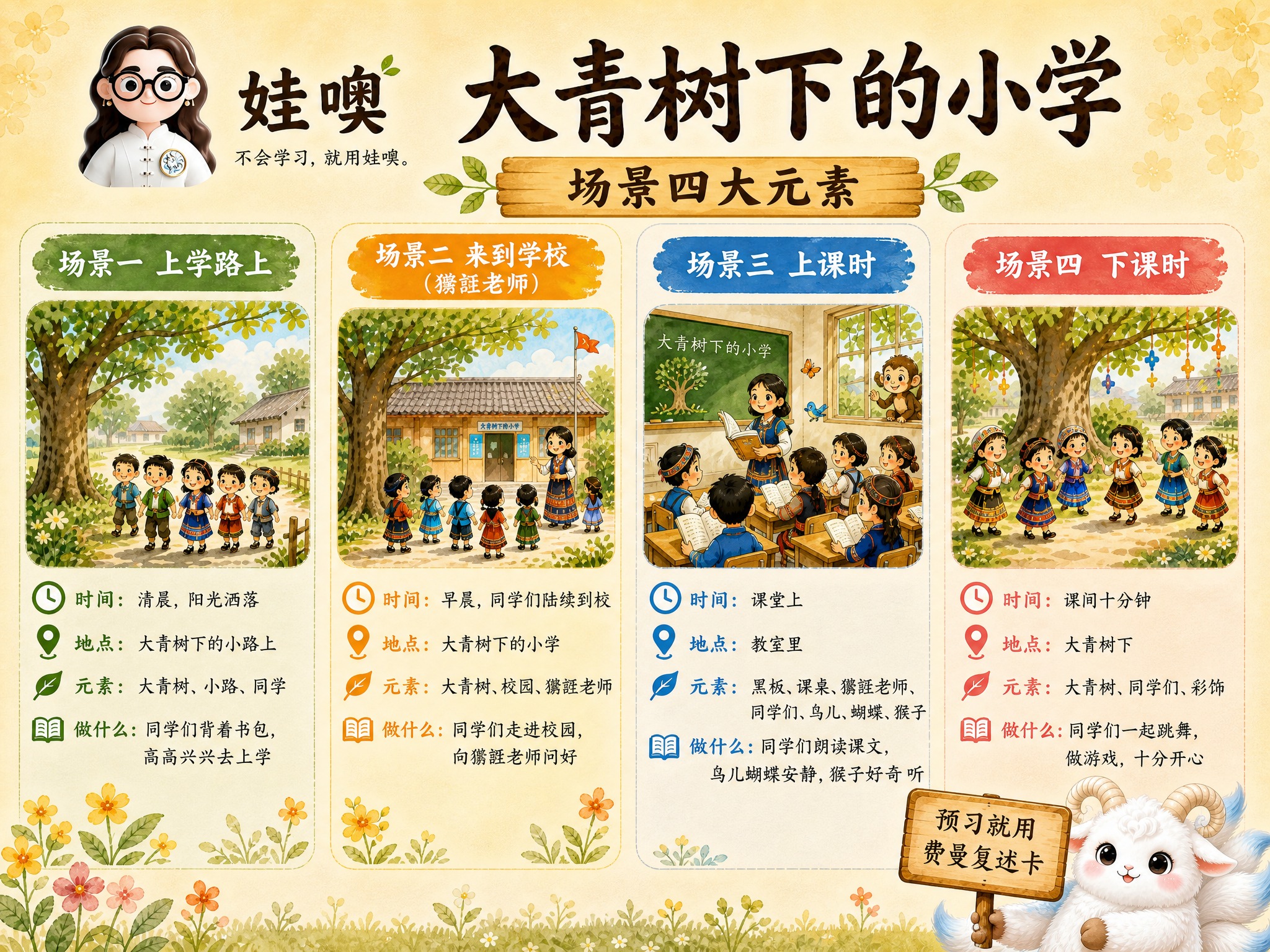 A4横版小学语文学习海报，米黄色暖色调手绘水彩风格。左上角卡通… - 图片创意预览