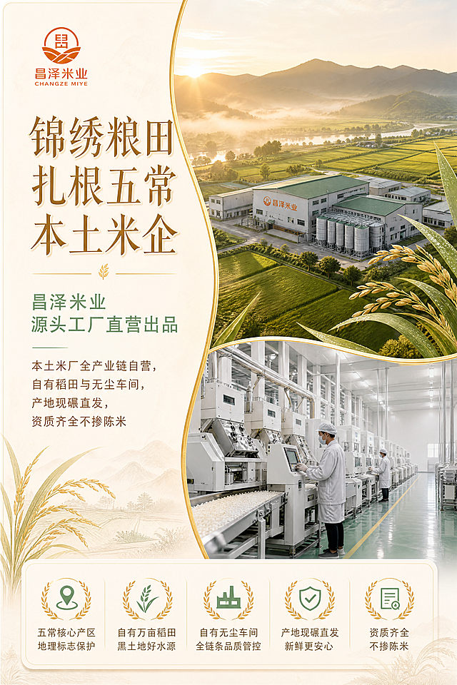 [第2屏] 品牌溯源｜五常本土老牌米企
主标题：锦绣粮田 扎根五常本土米企
副标题：昌泽米业 源头工厂直营出品
排版：左右分区，左竖排品牌文案，右上下双图以鎏金曲线分割，底端错落排布资质图标。
设计：暖雾米白底色，全模块微圆角+悬浮浅阴影，卡片隐现浅棕麦田暗纹；LOGO橘橙色少量点缀线条，虚实稻叶插画填充留白，田园轻奢相融。
[氛围/风格] 田园轻奢风，自然通透，柔和高级
[光影质感] 黄金时段柔光，厂区航拍远山薄雾柔焦，车间平光纪实，整体光影均匀柔和，和整体风格统一
[配色色系] 全局底色：暖雾米白；主体配色：LOGO橘橙色点缀+浅棕+#D4AF37鎏金；辅助色：#81B29A+#BC5A64，延续整套统一配色
[视角构图] 左右分区分层构图，左文右图，信息层次清晰
[文字版式] 左侧顶部主标题「锦绣粮田 扎根五常本土米企」，细宋加浅鎏金描边；副标题「昌泽米业 源头工厂直营出品」薄荷青色无衬线；正文「本土米厂全产业链自营，自有稻田与无尘车间，产地现碾直发，资质齐全不掺陈米」文字清晰排版。全程保持字色不超过2种
[比例分辨率] 2:3竖版比例，4K分辨率，文字清晰可辨
[负向提示词] 文字错乱，颜色偏差，背景杂乱，结构错误，水印，图片模糊