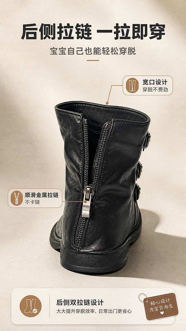 [商品] 使用【图4】黑色儿童三搭扣中筒皮靴后侧拉链视角图；保留后侧双拉链结构、拉链头金属质感、靴筒轮廓、褶皱皮面；商品处理：增强拉链金属光泽与齿纹清晰度，自然理顺皮面褶皱，不改变结构与颜色。
[画面] 穿脱设计页，目标展示后侧拉链易穿脱的人性化设计；竖版构图，靴子后侧视角占据画面主体，约占65%，略微倾斜摆放更显动感；拉链区域用引线标注突出；背景为暖米灰色，带柔和光影与细腻纸张纹理。
[视觉] 套系策略：风格=高级简约童装鞋靴商业摄影风；标题字=现代无衬线粗体；正文字=简洁无衬线体；主色=暖黑棕；背景延展=基于暖米灰做深浅层级、同色渐变和细腻皮革/纸张质感；强调色=焦糖棕，仅用于小面积图标、引线和标签；标题色=深炭黑；正文色=中暖灰；组件=圆角浅底信息卡、细线引线、复古标签；光影=右后侧暖柔光，左侧柔和补光。
[文字] 上方主标题「后侧拉链 一拉即穿」；副标题「宝宝自己也能轻松穿脱」；两条引线标注：①指向拉链头「顺滑金属拉链 不卡链」②指向靴筒开口「宽口设计 穿脱不费劲」；文字横向排版。
[规格] 图片比例9:16竖版，4K，避免变形、错字、文字过小、冷蓝背景、结构失真、极限词。