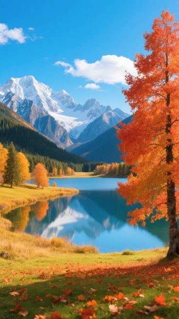 超高清写实风景摄影，秋日山谷风光，近处是铺满橙红色落叶的翠绿草地，右侧一株高大的橙红色枫树占据画面右前方，中景为平静如镜的蓝色湖泊，湖岸环绕着金黄的草甸和点缀其间的橙黄色树木，远处是巍峨壮丽的雪山群峰，山顶覆盖着皑皑白雪，山腰处有墨绿色的森林，天空湛蓝，飘着几朵洁白的云彩，光线明亮柔和，呈现出清晰的层次感和丰富的色彩过渡，整体氛围宁静而壮阔。预览效果