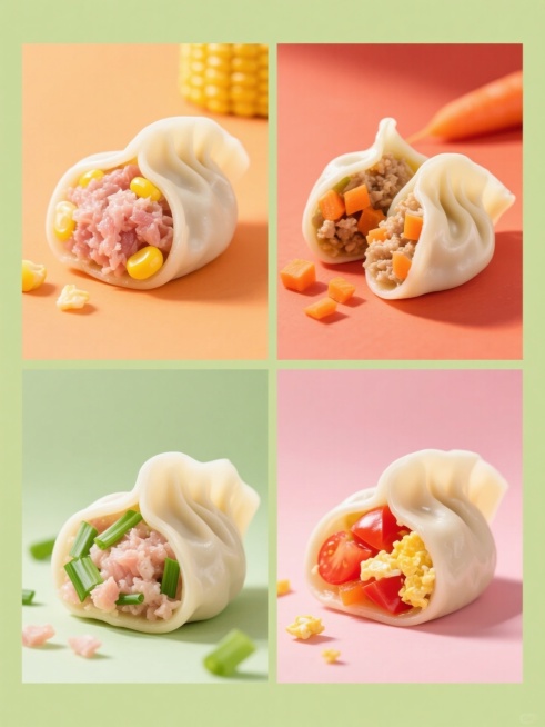 四宫格规整排布的饺子系列海报，高写实食品摄影风格，纯色背景，每个格子中展示一种馅料的饺子特写，左侧为完整饺子，右侧为对半切开露出内馅的饺子，周围散落少量馅料食材。左上角：玉米猪肉馅饺子，背景为暖橙色，内馅可见粉色猪肉末与黄色玉米粒；右上角：胡萝卜馅饺子，背景为橙红色，内馅可见橙色胡萝卜丁与浅褐色肉末；左下角：韭菜馅饺子，背景为浅绿色，内馅可见翠绿色韭菜段与浅粉色肉末；右下角：番茄鸡蛋馅饺子，背……预览效果
