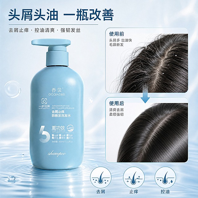 [主图-4] 痛点解决与使用效果展示，呈现去屑止痒控油的发质改善效果。
[统一基调] 整体风格为清透水润高级个护风，背景主色为浅蓝渐变到奶白色，标题字色为深湖蓝色，辅助字色为中灰色，强调色为浅天蓝色，字体为干净现代非衬线体，字号层级分明，卡片与图标采用圆角细线样式，整体通透有呼吸感。
[画面] 产品瓶身位于画面中心偏左，占画面约45%，正面展示。画面右侧分为上下两个圆角矩形区域：上方区域展示干枯毛躁有头屑的发质特写（暗调），下方区域展示使用后柔顺清爽有光泽的发质特写（亮调），中间用箭头连接表示改善效果，旁边标注使用前后示意。背景为明亮的浅蓝渐变，带有极淡的水波纹。画面底部有三个小图标分别对应去屑、止痒、控油三大核心功效。
[光影质感] 商业摄影3D渲染质感，产品瓶身光影干净高级，发质特写真实细腻，毛躁与柔顺对比清晰自然，整体光线柔和均匀。
[配色] 背景浅蓝奶白渐变，上方暗调区域偏灰，下方亮调区域有光泽感，标题深湖蓝，图标浅蓝。
[文字版式] 左上角主标题大字：头屑头油 一瓶改善；右侧上方小字：使用前 头屑多 出油快 毛躁断发；右侧下方小字：使用后 清爽去屑 柔顺强韧；底部三个图标配文字：去屑 止痒 控油。文字均放在负空间，不遮挡产品主体。
[输出要求] 1:1正方形，2K高清，产品外观与输入图完全一致，发质对比真实自然不夸张，文字清晰无错字，画面干净专业，无水印，无平台Logo，无二维码，无人物。