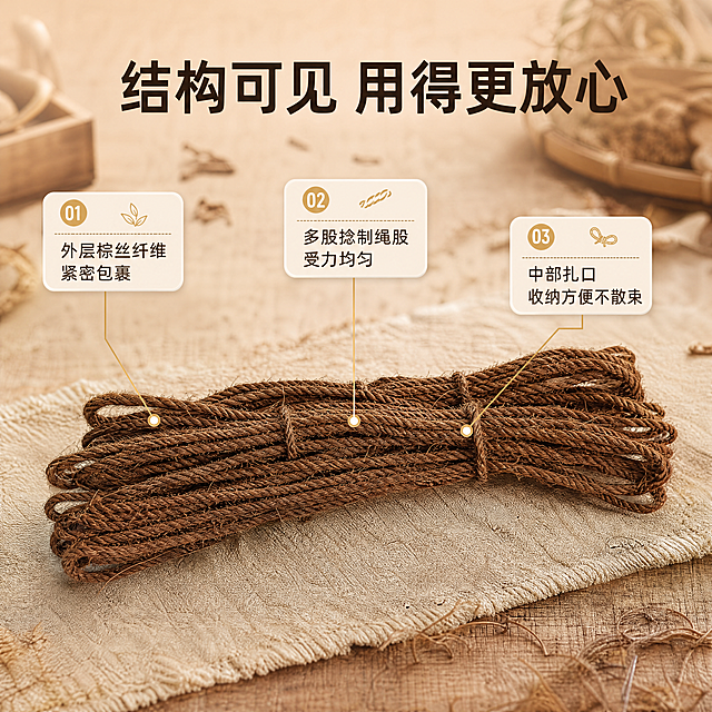 [商品] 使用【图1】【图3】的棕色真棕丝棕绳；保留盘绕束形、密集棕丝纤维、多股捻制绳股、中部扎口；仅做商业精修：提升纤维丝清晰度与捻制层次，不改变绳径、颜色和结构。
[画面] 目标为结构解析页；产品整束横向置于画面中央偏下，占画面约60%，俯拍平视微侧；细线引线从三个部位引出悬浮信息卡：左引线指向外层棕丝纤维，中引线指向多股捻制绳股，右引线指向中部扎口捆绳；背景为暖砂色桌面配麻布衬底，前景少量散落棕丝，后景柔和暖调虚化。
[视觉] 套系策略：风格=暖棕大地色系商业静物摄影+节庆复古氛围；标题字=清晰无衬线黑体（阿里巴巴普惠体风格）；正文字=同款无衬线常规体；主色=深棕褐 #6B4A2F；背景延展=基于主色做燕麦米、浅驼、暖砂的深浅层级与同色渐变，叠加麻布与木纹质感；强调色=哑光金 #C8A063，仅用于小面积图标、引线、标签；标题色=深棕 #3E2A18；正文色=暖灰棕 #7A6A5A；组件=圆角米色信息卡、细线引线、编号胶囊；光影=左前侧暖柔光+柔和接触阴影。
[文字] 顶部主标题“结构可见 用得更放心”；三张引线卡分别写“外层棕丝纤维 紧密包裹”“多股捻制绳股 受力均匀”“中部扎口 收纳方便不散束”；文字横向排版，卡片置于产品上方与两侧留白。
[规格] 图片比例1:1方版，4K；避免变形、错字、文字过小、竖排或旋转文字、平台Logo与水印角标、二维码、极限化用语、竖排文字、冷蓝色调。