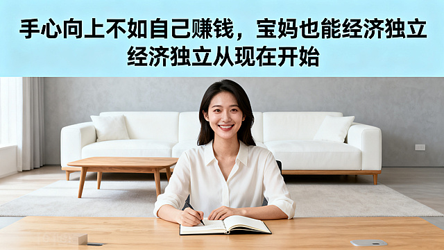 海报设计，主标题：手心向上不如自己赚钱，宝妈也能经济独立，副标题清晰分明，背景是简约现代客厅，自信宝妈微笑着坐在书桌前，桌上放着笔记本，积极励志风格，字体使用黑体，配色清爽，尺寸比例16:9，主副标题分明
