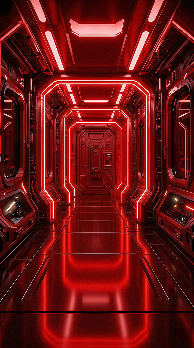 将两张科幻通道图融合，统一为红色调，保留机械结构与发光线条