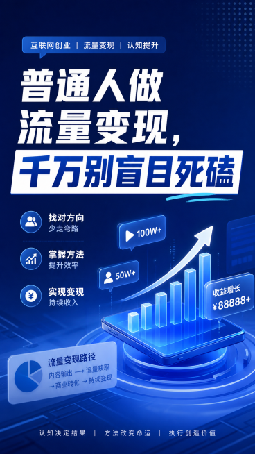 小红书封面图，商业创业风格，突出标题文字"普通人做流量变现，千万别盲目死磕"，画面简洁现代，用商务蓝色调搭配白色文字，体现互联网创业和流量变现主题，适合手机端展示预览效果