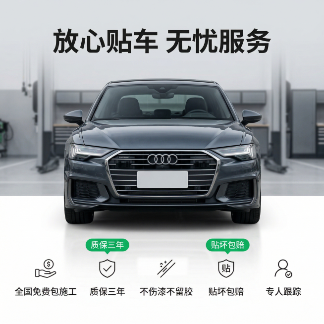 [主图 5] 服务承诺
[主图主题] 售后服务保障，增强购买信任
[氛围/风格] 稳重信任感，简洁专业
[画面元素] 改色完成的深灰色奥迪完整展示在画面中心，背景为干净的施工间，底部留出区域放置服务承预览效果