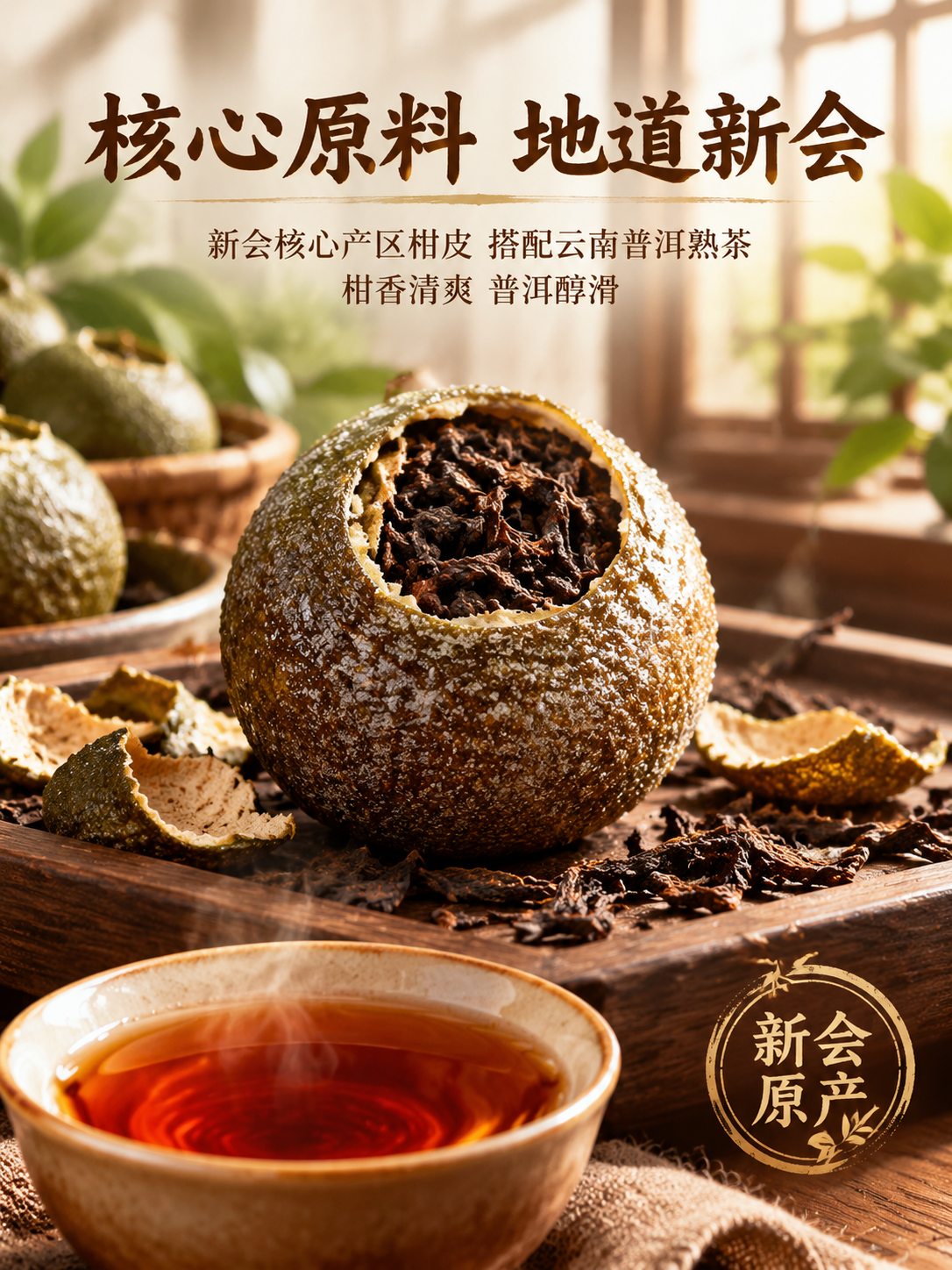 [主图-2] 核心原料卖点图，地道新会柑皮+普洱熟茶，突出产地… - 图片创意预览