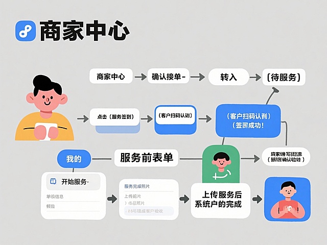 [商家中心] → [待接单] → 确认接单 → 转入[待服务] → 点击[服务签到] → (客户扫码确认)
     ↓
(签到成功) → [我的] → [服务前表单] → 填写信息、上传前照片 → 提交 → 开始服务
     ↓
(服务完成，客户验收) → 上传服务后照片 → 系统确认完成
