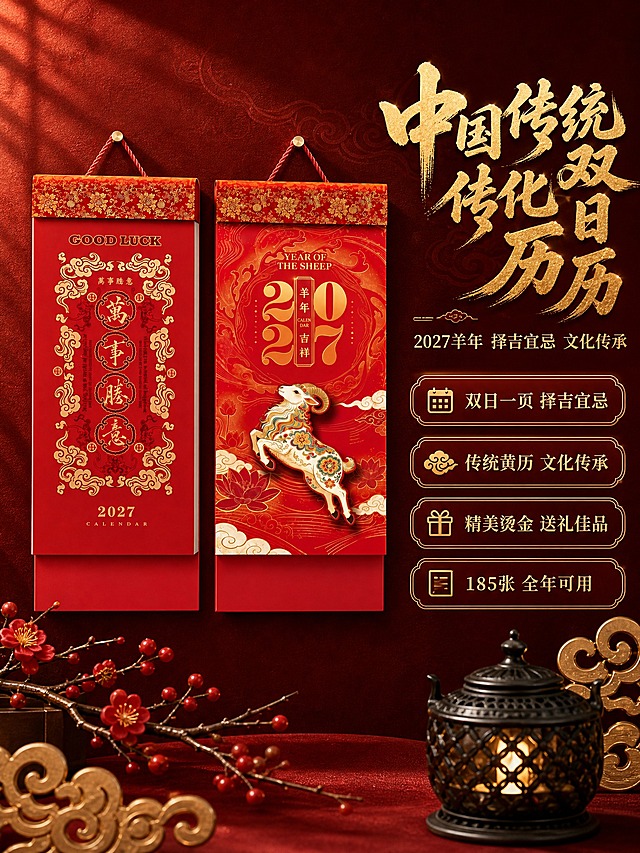 [商品] 使用【图1】【图2】两款2027中国传统文化双日历；保留每款完整结构（织锦头挂绳+封面主体+内页+底部80mm广告位）、中国红底色、烫金工艺、织锦花纹头、整体190×528mm比例；清晰化烫金凹凸纹理和织锦质感。
[画面] 第1张 氛围头图 双日历两款全家福展示。国潮中式场景，深红色绒面背景+暖光侧照，两款挂历并排悬挂展示（左侧万事如意款，右侧羊年吉祥款），主体占画面约60%。前景有红色腊梅枝、黑色镂空香炉、金色祥云装饰，画面右侧有大标题和卖点列表区域，整体高端大气有传统文化氛围。
[视觉] 套系策略：风格=国潮中国红高端商业摄影；标题字=大气书法体+烫金效果；正文字=简洁黑体；主色=中国红+深红；背景延展=基于深红做深浅渐变、绒面质感、祥云暗纹延展；强调色=烫金色，仅用于标题、图标、引线和装饰；标题色=烫金色；正文色=米白；组件=金色祥云边框、圆角深红底金纹信息卡、传统纹样装饰；光影=侧方暖光+正面柔光，突出烫金金属反光和织锦纹理。
[文字] 右侧主标题烫金书法大字"中国传统文化双日历"，副标题"2027羊年 择吉宜忌 文化传承"，下方四个卖点："双日一页 择吉宜忌""传统黄历 文化传承""精美烫金 送礼佳品""185张 全年可用"，文字不遮挡挂历主体。
[规格] 图片比例3:4竖版，2K，避免变形、错字、文字过小、冷蓝背景、挂历结构缺失、底部广告位不完整。