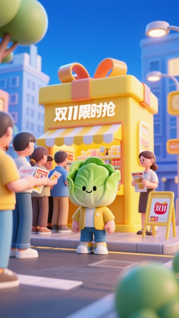 主视觉为白菜小人在城市街头的双 11 快闪店前，和排着长队的人群一起等待购买限量商品，快闪店外观是亮眼的礼盒造型，周围有派发传单的人员和 “双 11 限时抢” 的指示牌，整体是明快的黄蓝色调。预览效果