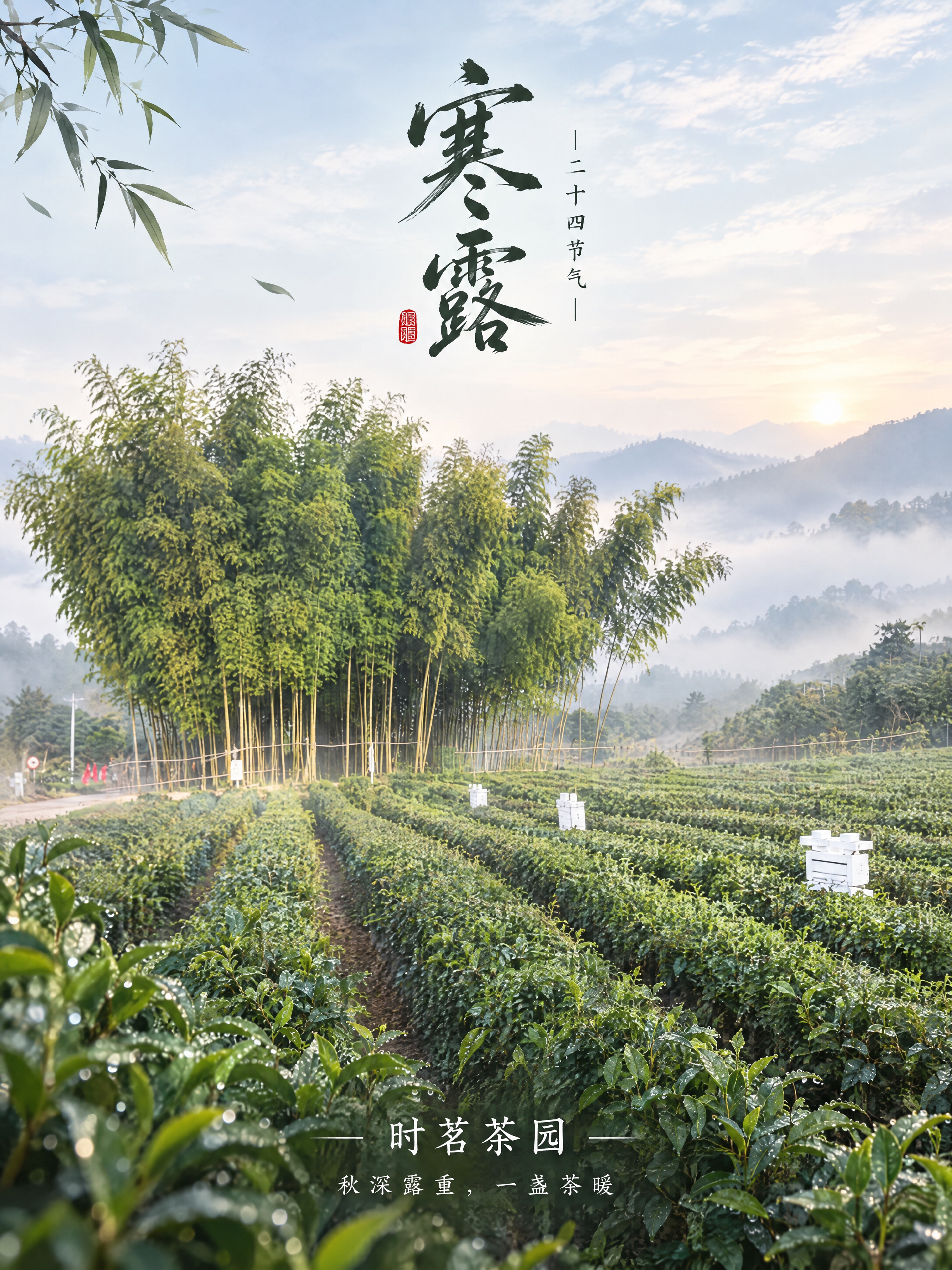 以这张茶园实拍照片为背景主体，制作一张适合朋友圈发布的寒露节气… - 图片创意预览