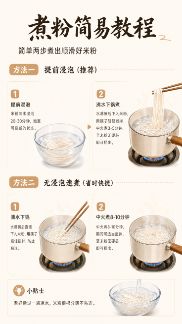 [第7屏] 煮粉简易教程板块，禾江溪干米粉两步煮法教程。
[氛围/风格] 简约教程风，清晰直观，降低操作门槛，新手也能轻松学会。
[元素布局] 画面顶部为标题，下方分两大块分别展示两种煮粉方法，每种方预览效果