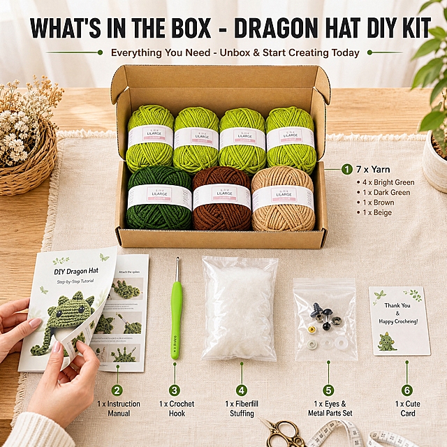 [主图-8 龙款DIY材料包] 主题：What's in the Box - Dragon Hat DIY Kit 材料包开箱清单。唯一任务：清晰展示买家收到的材料包内含物，明确是DIY套装，强调开箱即做。
[统一基调] 跨境亚马逊风格，温暖治愈的手工编织场景，原木色桌面+米白色棉麻桌布背景，英文无衬线粗体标题字色为深炭灰，辅助说明字色为暖棕色，强调色用森林绿点缀图标和分隔线。
[画面] 画面为开箱清单场景：原木色大桌面铺米白色亚麻布，画面中央偏上是一个打开的牛皮纸盒，盒盖翻开，里面整齐摆放着龙款DIY材料包的毛线团。盒子前方用Knolling方式将每件配件平铺展开，包括：7团毛线（4团亮绿色、1团深绿色、1团棕色、1团米色，均带白色标签）、绿色手柄钩针1支、白色填充棉1包、透明袋装的眼睛+金属配件、纸质教程手册1张、一张小卡片。每件配件下方用细引线标注英文名称和数量。画面左下角有一双欧美女性的手正在拿起教程手册翻看，表现刚收到货的好奇与期待。桌面点缀藤编小篮、干花、复古剪刀、皮尺。背景是虚化的白色窗帘和绿植。产品配件占画面约70%。
[光影质感] 温暖柔和的窗边自然光，从左上方斜射，每件配件下方有自然柔和的接触阴影，毛线团形状和标签清晰真实，钩针绿色手柄有质感，手部动作自然。
[配色] 背景原木色+米白亚麻+绿植虚化，配件龙款绿色系+棕色+米色真实颜色，文字深灰+暖棕，强调色森林绿。
[文字版式] 顶部大标题："WHAT'S IN THE BOX - DRAGON HAT DIY KIT"；副标题："Everything You Need - Unbox & Start Creating Today"；配件名称用小号无衬线字体。
[输出要求] 1:1正方形，2048x2048，2K分辨率，文字清晰，配件排列整齐。负向：变形、错字、模糊、杂乱、水印、平台Logo、中文、悬浮、配件重叠、畸形手、灰色系、狼款元素、成品帽。