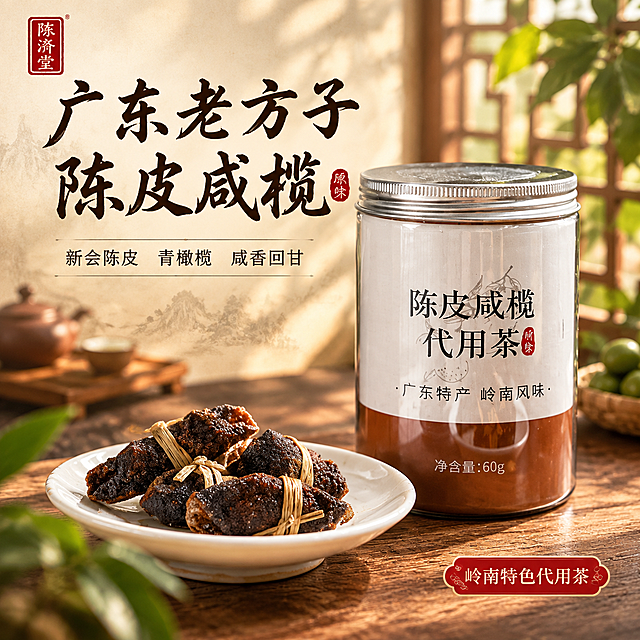 [主图-1] 广东老方子陈皮咸榄代用茶 首图点击率 突出岭南特色与食欲感
[统一基调] 整体风格：岭南国风热食感，暖棕+米白+赭石为主色，点缀朱砂红印章元素；主标题用粗笔刷书法字，厚重有飞白；辅助文案用细黑体；背景为浅米黄带轻微宣纸纹理，自然暖光侧逆光；画面满版无边框。
[画面] 罐装陈皮咸榄代用茶置于画面右侧居中，罐体标签完整清晰，银色金属盖反光自然；罐体左前方摆放一只白瓷小碟，碟中放3-4颗用禾秆草捆绑的陈皮咸榄，陈皮表面油室纹理清晰可见；背景虚化岭南中式窗棂与绿植光影，营造居家茶桌氛围；左上角放同款品牌Logo小印章；左上方留负空间放主标题。主体占比约65%。
[光影质感] 自然暖阳侧逆光，陈皮表面有温润油光，罐体有柔和高光与接触阴影，白瓷碟有通透反光，整体温暖有食欲，商业摄影质感。
[配色] 主色暖棕、米白、赭石；标题字深棕近黑，辅助文案深灰；强调色朱砂红（印章/关键词）。
[文字版式] 左上角主标题竖排或横排大字：广东老方子 陈皮咸榄；副标题小字：新会陈皮 青橄榄 咸香回甘；右下角小标签：岭南特色代用茶。文字不遮挡罐体正面标签。
[输出要求] 1:1正方形，2K高清，产品清晰不变形，文字清晰可读，无错字；禁止出现平台Logo、水印、二维码、医疗功效宣称、绝对化用语；禁止画面杂乱、主体模糊、悬浮穿模。