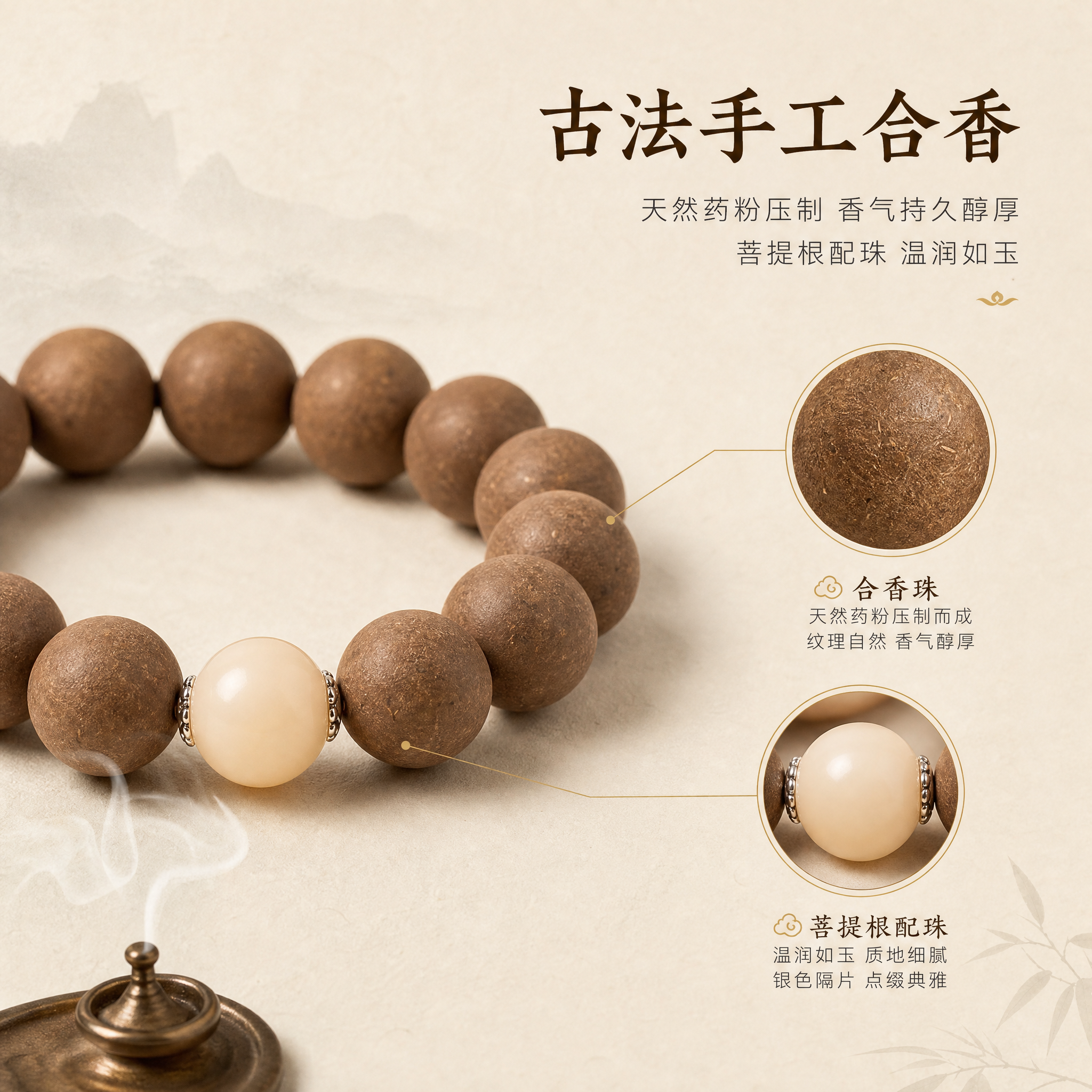[主图-2] 核心卖点图，展示古法合香珠的材质与工艺，突出天然… - 图片创意预览