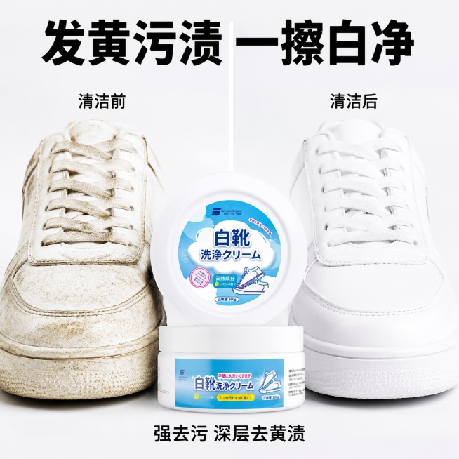 [主图-2] 小白鞋清洁剂去污效果对比图，展示强去污核心卖点。氛围风格：真实直观对比，清晰可信，抖音风格。画质：商业摄影质感、光线均匀、对比清晰、画面干净高级。元素：画面左右分栏，左侧展示脏旧发黄的小预览效果