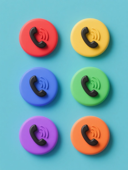 软3D风格的电话图标系列素材集合，包含六个相同元素内容但完全不同颜色的图标，每个图标均为一个黑色电话听筒图案置于圆形轮廓内，带有信号波纹设计，规整排布在纯色背景上，第一个图标背景为红色，第二个为蓝色，第三个为黄色，第四个为绿色，第五个为紫色，第六个为橙色，整体保持简洁现代的设计感，色彩鲜明且对比强烈，图标排列整齐有序，形成统一协调的系列视觉效果。预览效果