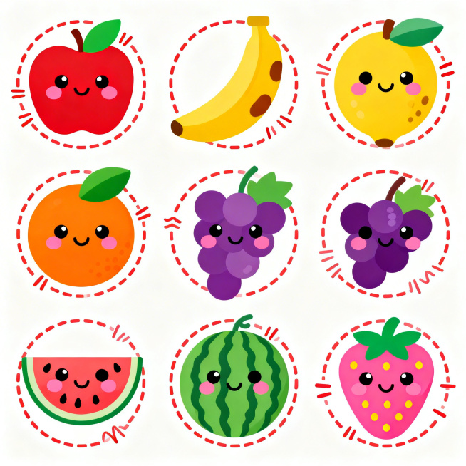 六个不同色彩的卡通水果图标系列，保持统一的扁平化设计风格，每个水果都有圆圆的眼睛、微笑的嘴巴和粉色腮红，周围环绕着红色的虚线圆圈和装饰性线条。第一个是红色苹果配绿色叶子，第二个是黄色香蕉带棕色斑点，第预览效果
