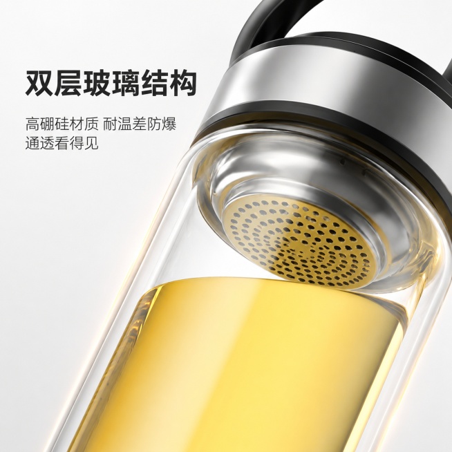 [主图-3] 富光玻璃杯材质细节展示
[氛围风格] 微距特写，突出材质通透感
[画质] 商业摄影质感、光线柔和通透、产品清晰真实、画面干净高级
[元素] 侧逆光拍摄杯身和杯口区域，放大展示双层玻璃结构预览效果