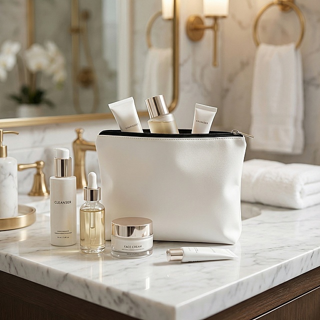 保留白色化妆包的结构和形态不变，场景为轻奢酒店浴室大理石台面，化妆包旁边摆放着洁面乳、精华、面霜等护肤品，柔雾感的浴室灯光，整体高级干净的氛围，展示化妆包可收纳护肤用品的多用性，符合国内电商轻奢质感