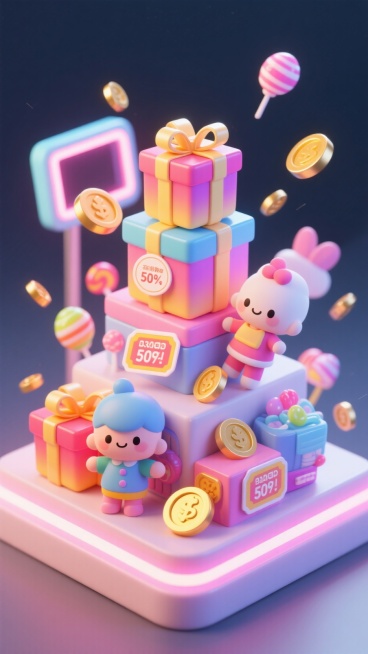 3D立体效果设计，鲜艳渐变色调，商品模型立体堆叠展示，动态光影效果，高光材质标签贴，促销礼盒元素漂浮，金币飘落特效，卡通化促销人物立体建模，霓虹光效边框装饰预览效果