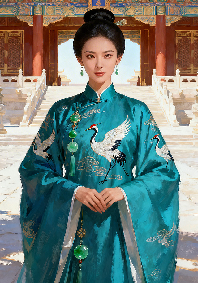 同写实厚涂古风风格，生成正气沉稳、有姐姐感的古风宫斗女主立绘，身着端庄大气的石青色绣仙鹤宫廷服饰，眉眼舒展自带威严，发髻简洁大气配玉饰，背景为明亮的宫殿正殿