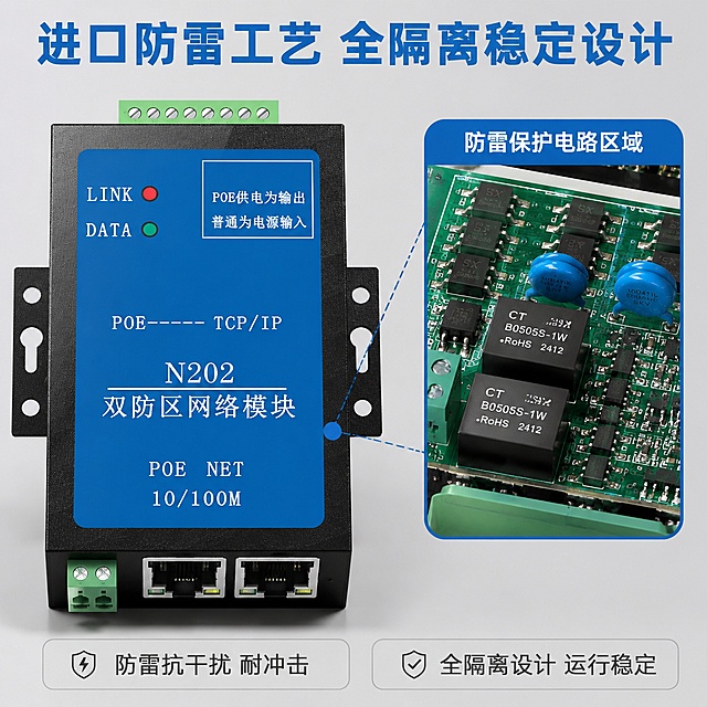 「图片1」，生成一套主图（5张），商品名称是xxx，卖点是xxx，适配淘宝/天猫平台，主图比例为1:1
图片要求：网络模块接前端电子围栏，对射等开关量产品设备，通过局域网和中心主机通信
名称：网络防区模块
参数：与H778S+和EH608系列配套使用也可单独配软件，
组成总线和网络一体化报警平台。
宽电压输入电压9V~24V，静态电流低100mA左右
纯网络传输无延时，全隔离稳定可靠。
采用进口防雷通讯保护电路，抗雷击和脉冲干扰强
可接入1或2个常闭NC或NO或带电阻防区。
可选配POE(802.3af标准)供电(12v~30W）。
简化布线、节省人工成本，安全方便
