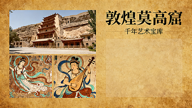 设计一张敦煌莫高窟介绍的PPT内页，展示莫高窟洞窟、飞天壁画和反弹琵琶形象，排版简洁，左侧放置图片，右侧预留文字区域，风格古朴厚重，黄棕色系，适合演讲展示