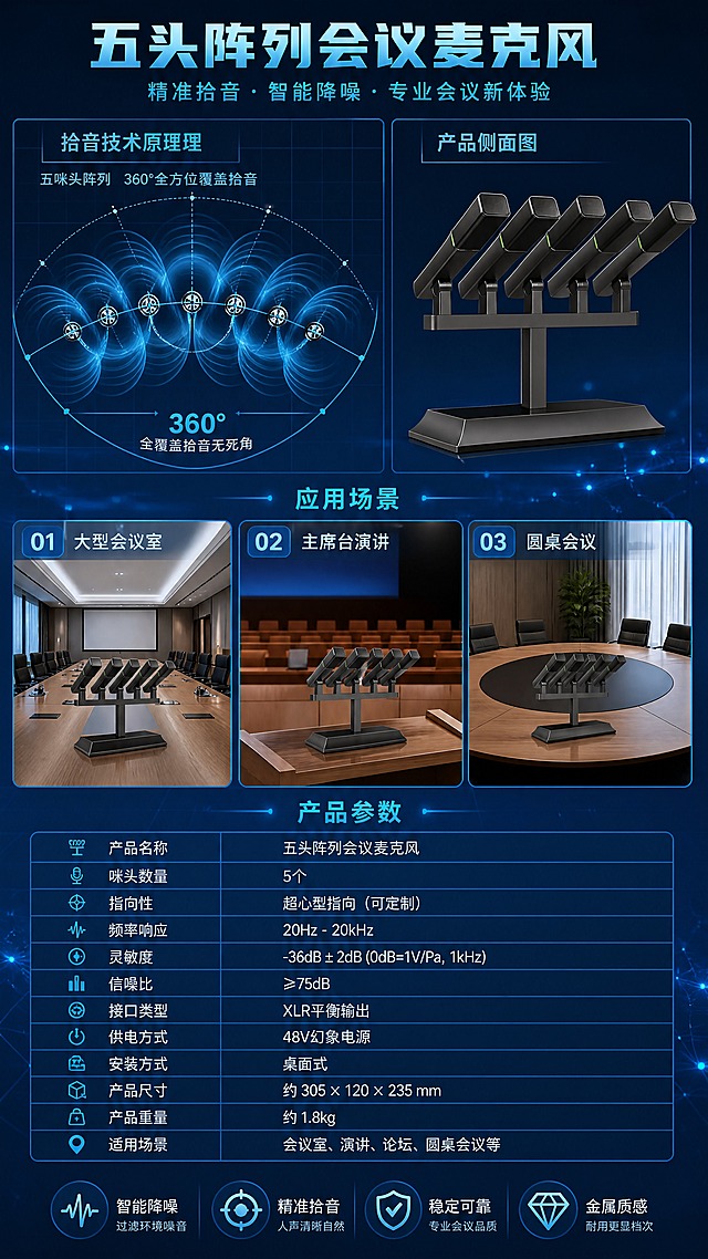 第2张电商详情页，五头阵列会议麦克风技术解析+场景+参数。深蓝色科技感背景，带网格线和光点。上半部分左侧为拾音技术原理图，用声波扩散图形展示五咪头阵列拾音覆盖范围，右侧为产品侧面图。中间部分为3个应用场景小图：大型会议室、主席台演讲、圆桌会议。底部为规格参数表，包含：产品名称、咪头数量、指向性、频率响应、灵敏度、信噪比、接口类型、安装方式等参数。整体科技感风格，深蓝主调，蓝色文字和图标，文字清晰。9比16竖版，4K高清。