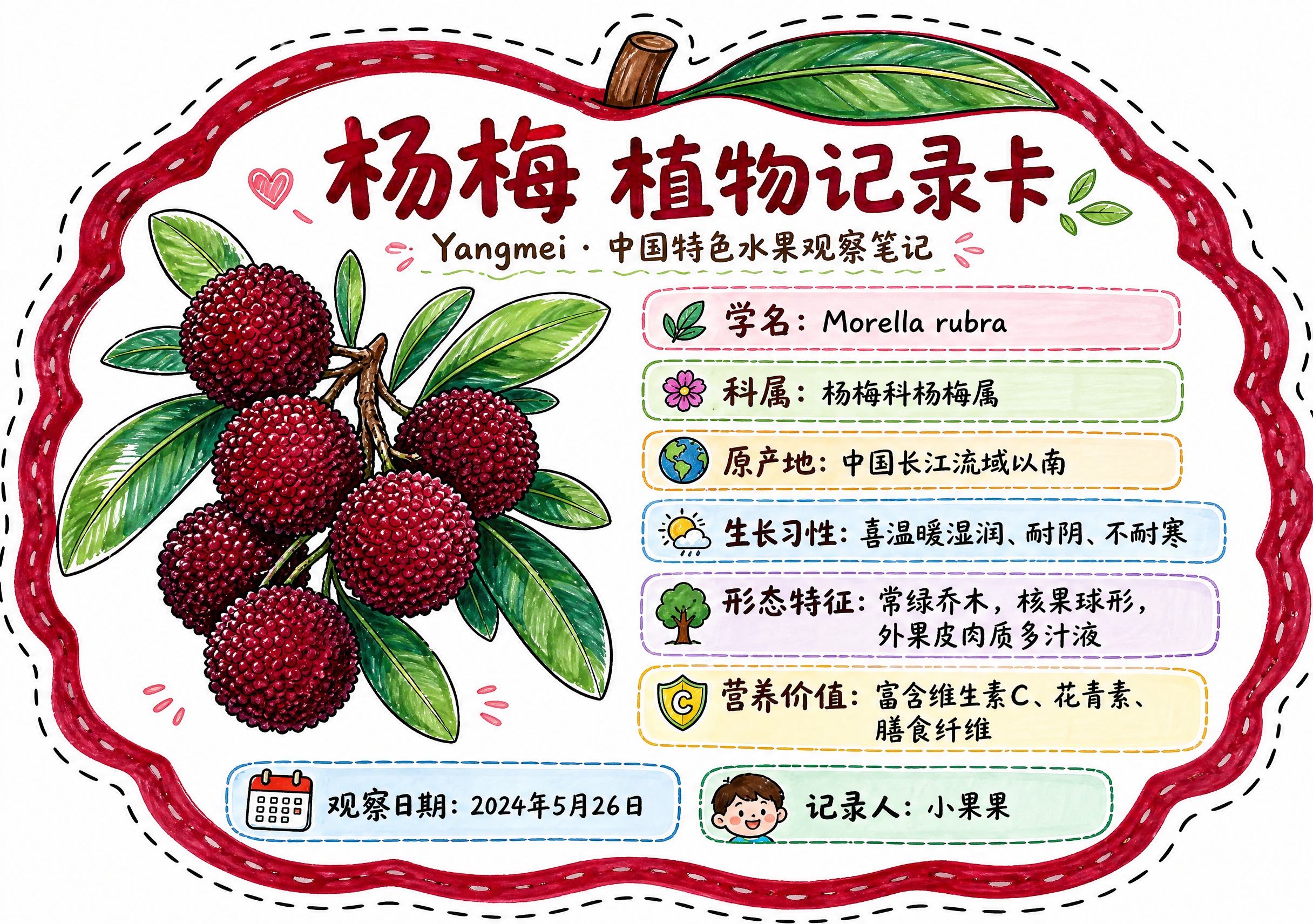 一张杨梅异形植物记录卡，整体为杨梅轮廓造型，沿杨梅外轮廓有一圈… - 图片创意预览