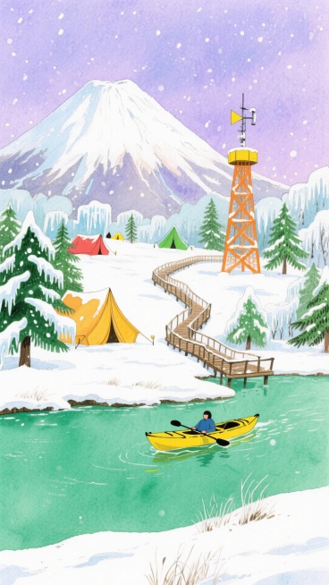 背景是一座积雪的火山，与飘着雪花的淡紫色天空相融，中景是错落分布的彩色帐篷，顶部和地面都覆盖着雪，有几棵结满冰棱的树木和几株翠绿色的云杉，有一条蜿蜒的栈道，还有一座橙色的信号塔带黄色的塔顶，前景是一片预览效果