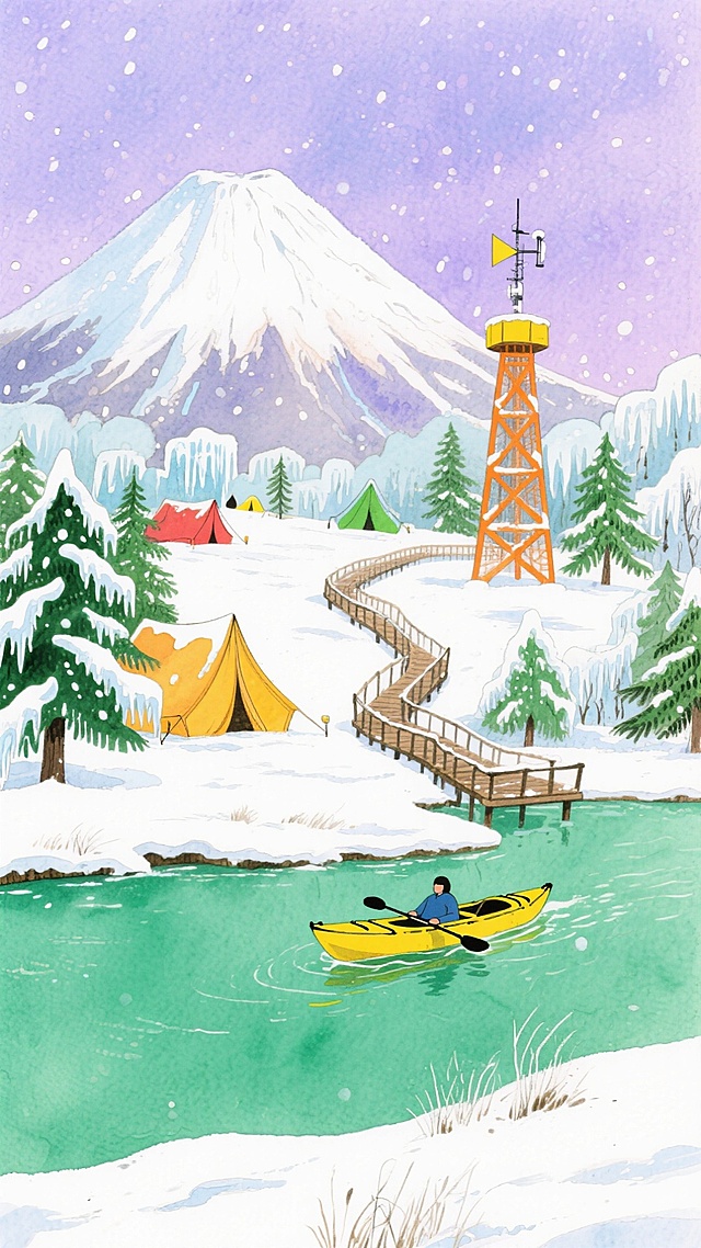 水彩风插画，梦幻雪景中富士山静谧矗立，湖面泛舟与彩色帐篷点缀其间，虚实交融的自然意境。