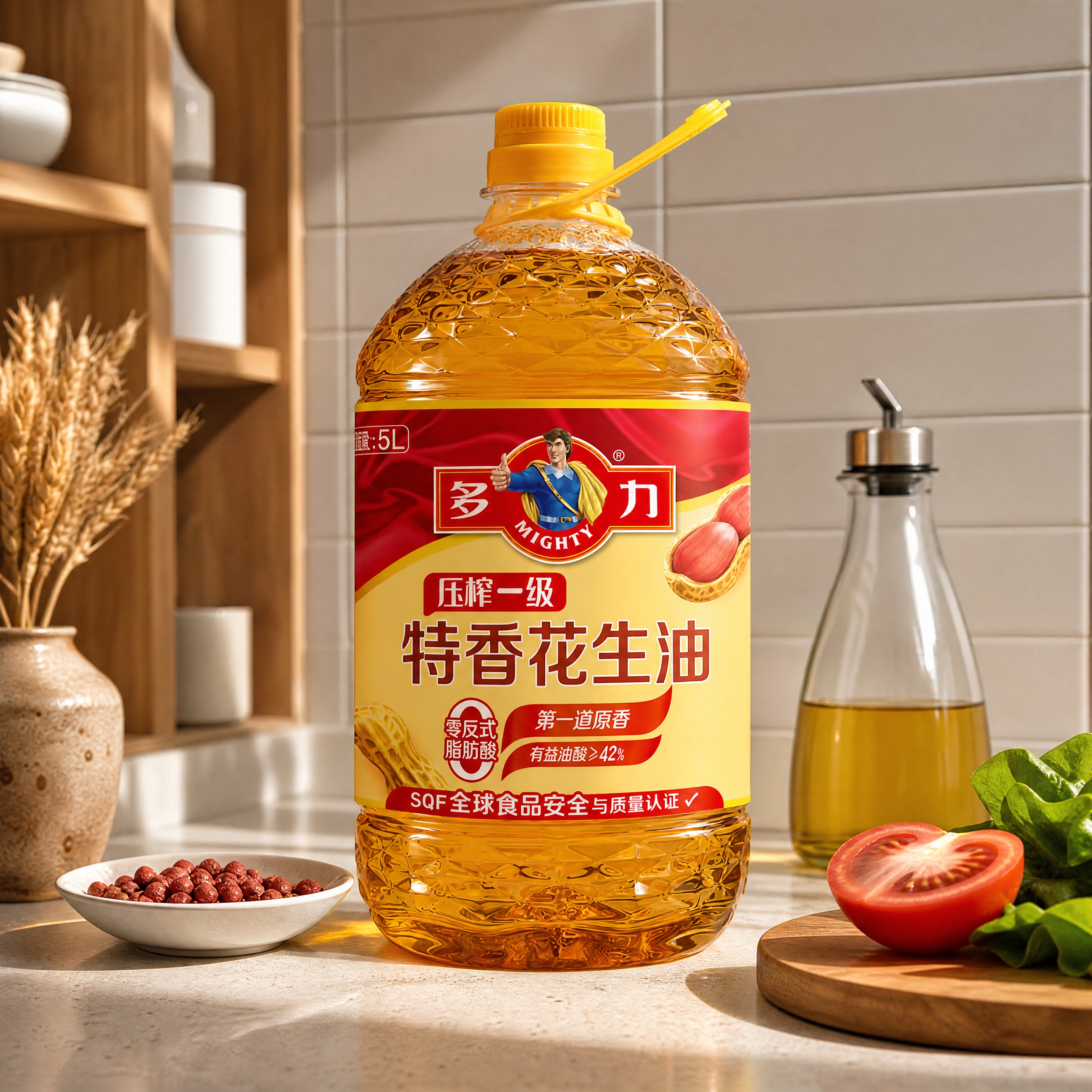 超写实厨房场景摄影。 主体：花生油桶严格参照上传产品图，完整保… - 图片创意预览