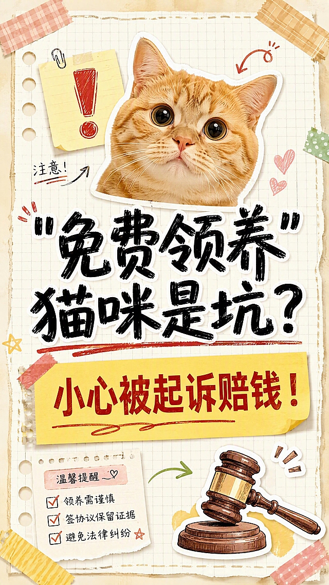 小红书笔记大字封面，9:16竖版，手账便签风格，可爱猫咪+警示主题，版式精美，小红书笔记封面质感。背景：米白色方格笔记纸纹理，带轻微泛黄纸张质感，边缘有胶带贴纸装饰。画面上半部分：一只可爱的橘猫大头贴纸风格照片，贴在笔记纸上，旁边有红色感叹号❗便签贴纸。主标题必须完整呈现且为画面视觉中心，逐字锁定：「"免费领养"猫咪是坑？」，黑色粗手写体/马克笔字体，加红色下划线强调，字号占画面约40%视觉权重。副标题：「小心被起诉赔钱！」，红色粗体字，写在黄色便利贴样式的底框上。装饰：四周有纸胶带、便签角贴、手绘小箭头等手账元素，右下角小法槌手绘贴纸。整体氛围：手账笔记感、可爱干货、温馨提醒。画质：高清细腻，文字完整不裁切，四周留安全边距。画面比例9:16，4K。