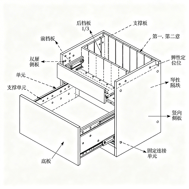 抽屉分解结构，分离的前挡板（高度为后挡板1/3）、后挡板、抽屉底板、抽屉侧板，带第一、第二支撑单元和固定连接单元的支撑板，表面有滑轨和定位孔，带滑块和弹性定位珠的竖向隔板，工业机械绘图风格，线条清晰标注明确